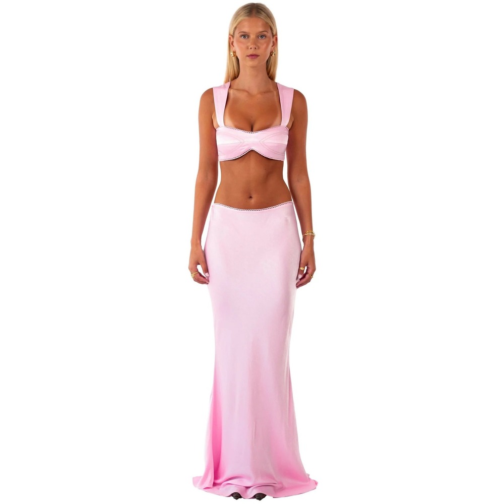 I Am Delilah Pink Satin Two Piece Set Crop Top Maxi Skirt Scalloped Trim Size M